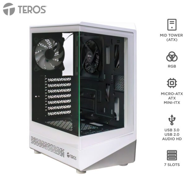 Case gamer TEROS TE-1322G, Mid Tower, USB 3.0 / USB 2.0, audio, ventilador RGB, blanco