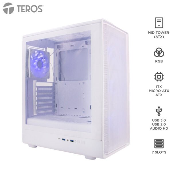 Case sin fuente Gamer TEROS TE-1329G, ITX, M-ATX, ATX, 3.5” y 2.5”, Blanco