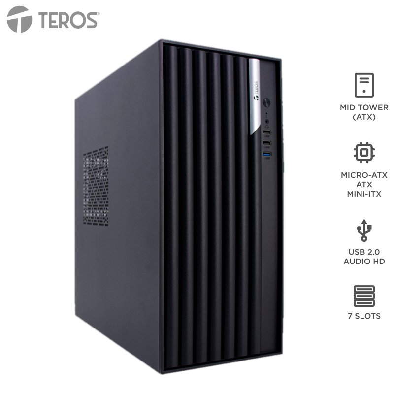 Case TEROS TE-1036S, Factor de forma ATX, 250 W, USB 3.0 / 2.0, audio, negro.