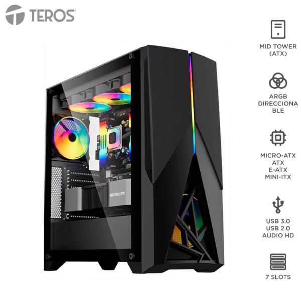 Case gamer TEROS TE-1174N, Mid Tower, USB 3.0 / USB 2.0, audio, ventilador ARGB, negro