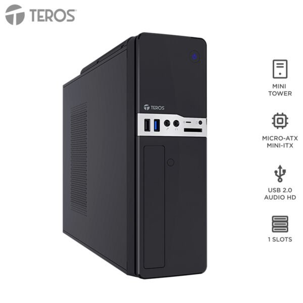 Case Teros TE-1032S, Slim, 250 W, USB 3.2 / USB 2.0, Audio HD, DVD, Negro