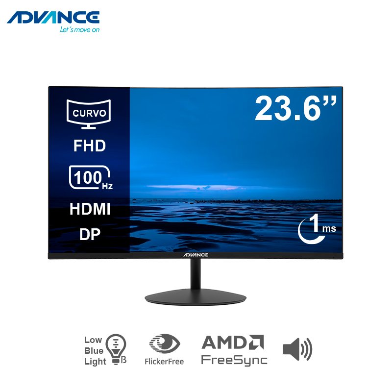 Monitor Curvo Advance ADV-2452S, 23.6” FHD VA, 100Hz, 1ms, HDMI, DP, Parlante, Negro