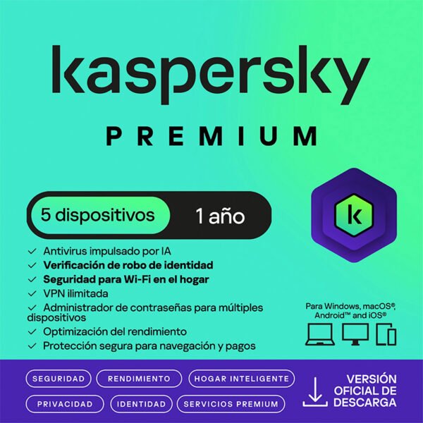 Antivirus Kaspersky Premium, para 5 PCs, Lic 1 año, Producto Virtual.