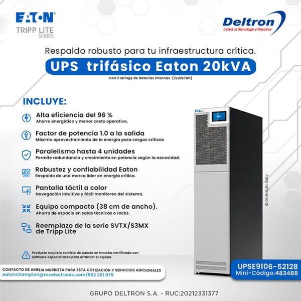UPS Trifasico Eaton 20kVA, con 2 strings de baterias internas (2x32x7Ah)