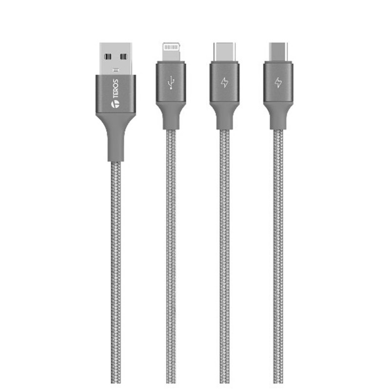 Cable de carga 3 en 1 TEROS TE-70210W, USB a Tipo C/Lightning/Micro USB, 17.5W Máx, gris