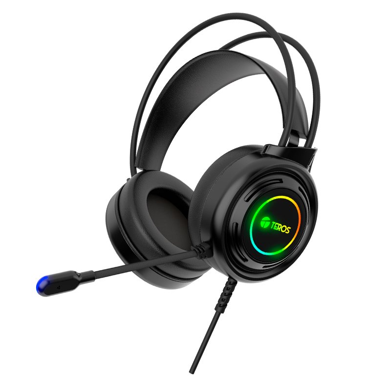 Auriculares Gaming TEROS TE-8120N estéreo, micrófono, conector USB, Negro, Luces RGB