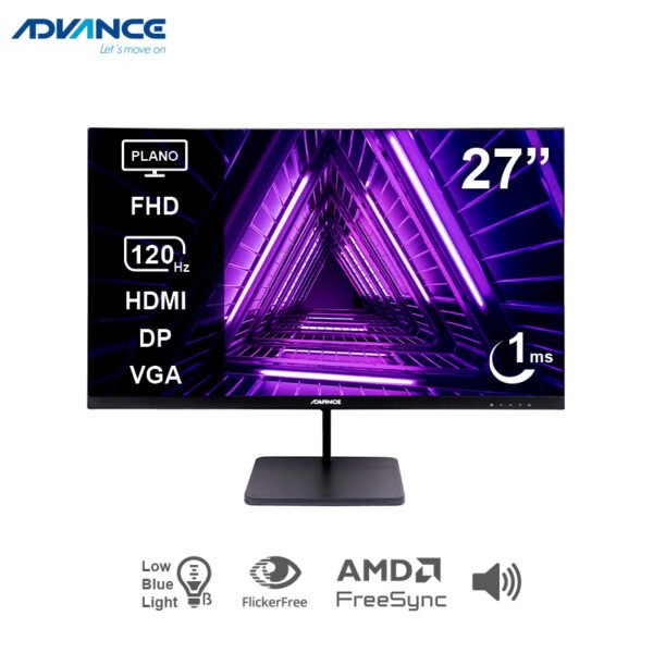 Monitor plano ADVANCE ADV-2754S 27” FHD IPS 120Hz 1ms HDMI DP VGA PARLANTES negro