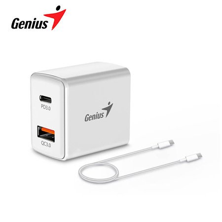 CARGADOR DE PARED GENIUS PD-20ACP 20W FAST CHARGE 1 USB-C 1 USB-A WHITE + CABLE GENIUS 3A USB-C A USB-C WHITE  (32590009400)