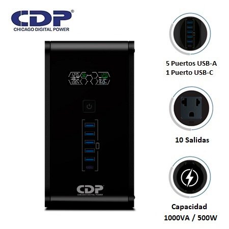 UPS CDP R-SMART 1010I 1000VA / 500W AUTONOMÍA 30MIN 10 SALIDAS/5 PORT USB-A/1 PORT USB-C BLACK (R-SMART1010I)