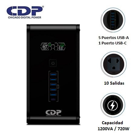 UPS CDP R-SMART 1210I 1200VA / 750W / 10 SALIDAS / 5 PORT USB-A / 1 PORT USB-C BLACK  (R-SMART1210I)
