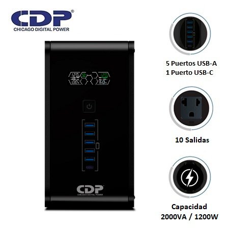 UPS CDP R-SMART 2010I 2000VA / 1200W / 10 SALIDAS / 5 PORT USB-A / 1 PORT USB-C BLACK (R-SMART2010I)