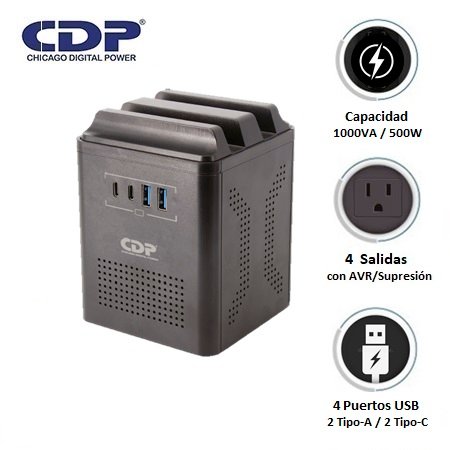 ESTABILIZADOR CDP RUAVR1004I 1000VA/500W 4 SALIDAS/2 USB-A/2 USB-C (RUAVR1004I)